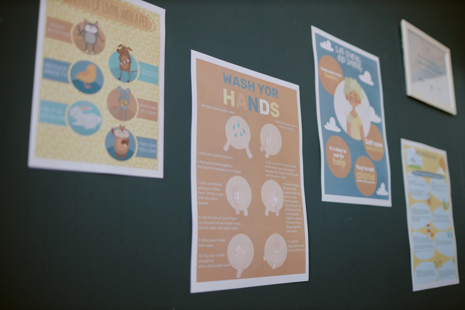 Educational Posters Showing Hand-Washing Procedures on Wall